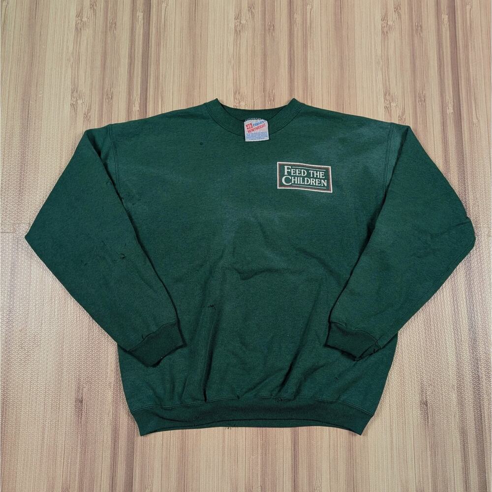 Vintage Feed the Children 90s Green Sweatshirt Pullover Large Hanes Distressed